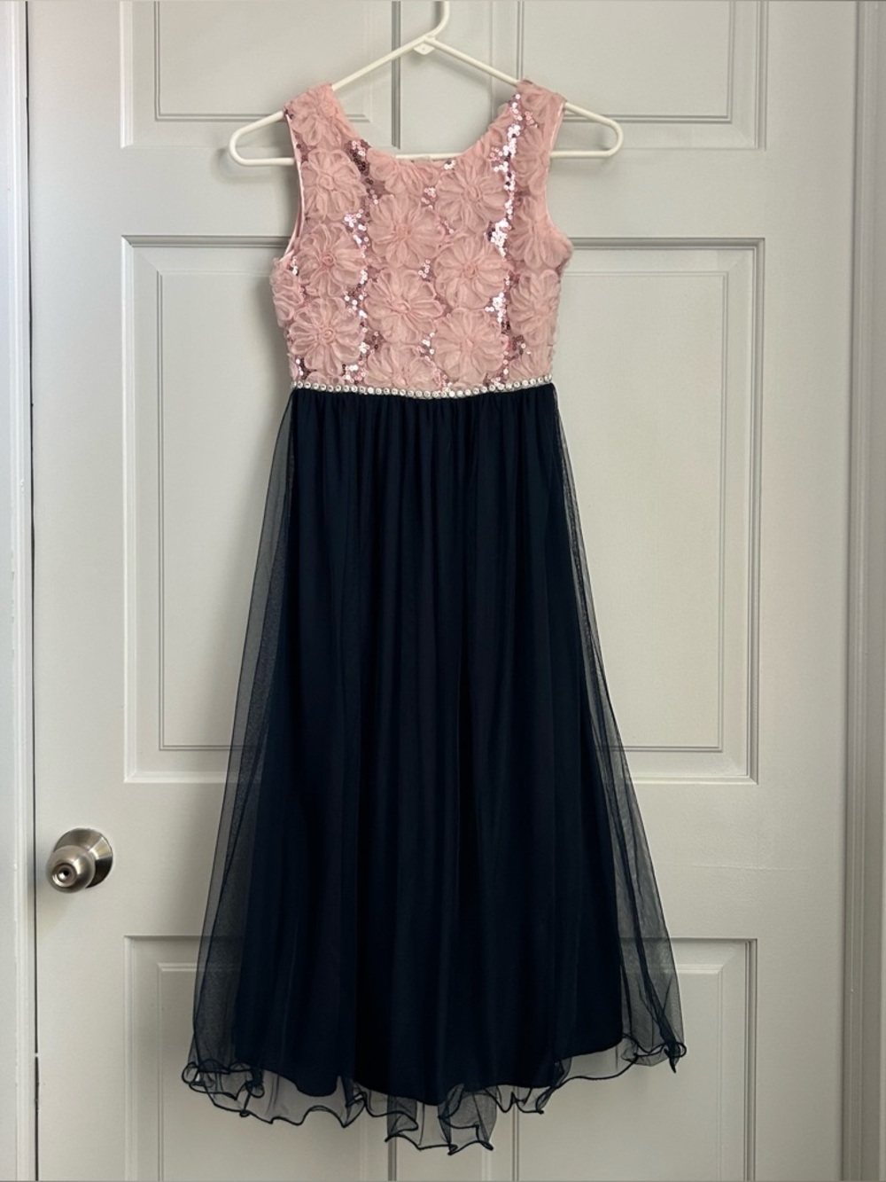 Amy Byer Dress Girls 8 Pink Navy Blue Long Formal Fairy Flower Rhinestone